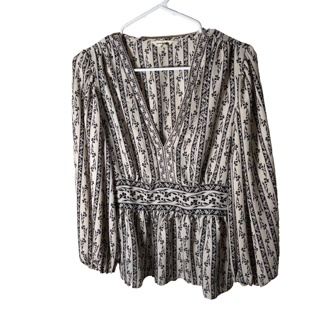 Max Studio Blouse Women's Small V-Neck Striped Lightweight Printed Floral Top